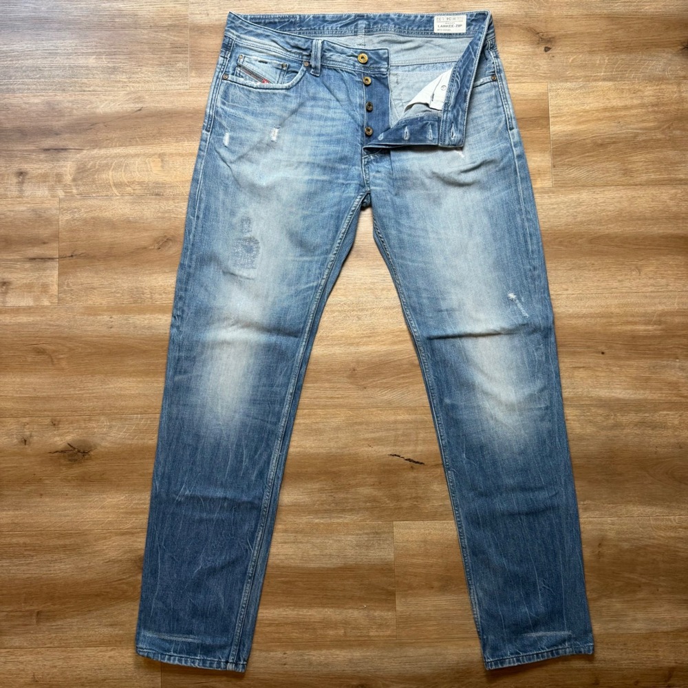 Diesel Larkee-Zip Jeans Mens 34x32 Light Blue Distressed Straight Leg 008B9